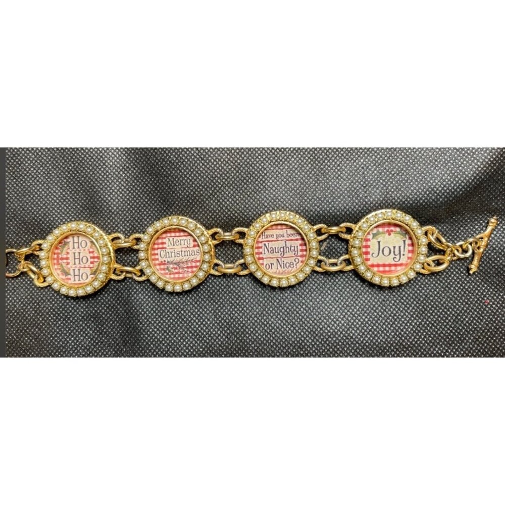 Vtg. Maximally Yours! Christmas Charm Bracelet Toggle Clasp Pearl Accents SIGNED - Picture 2 of 8